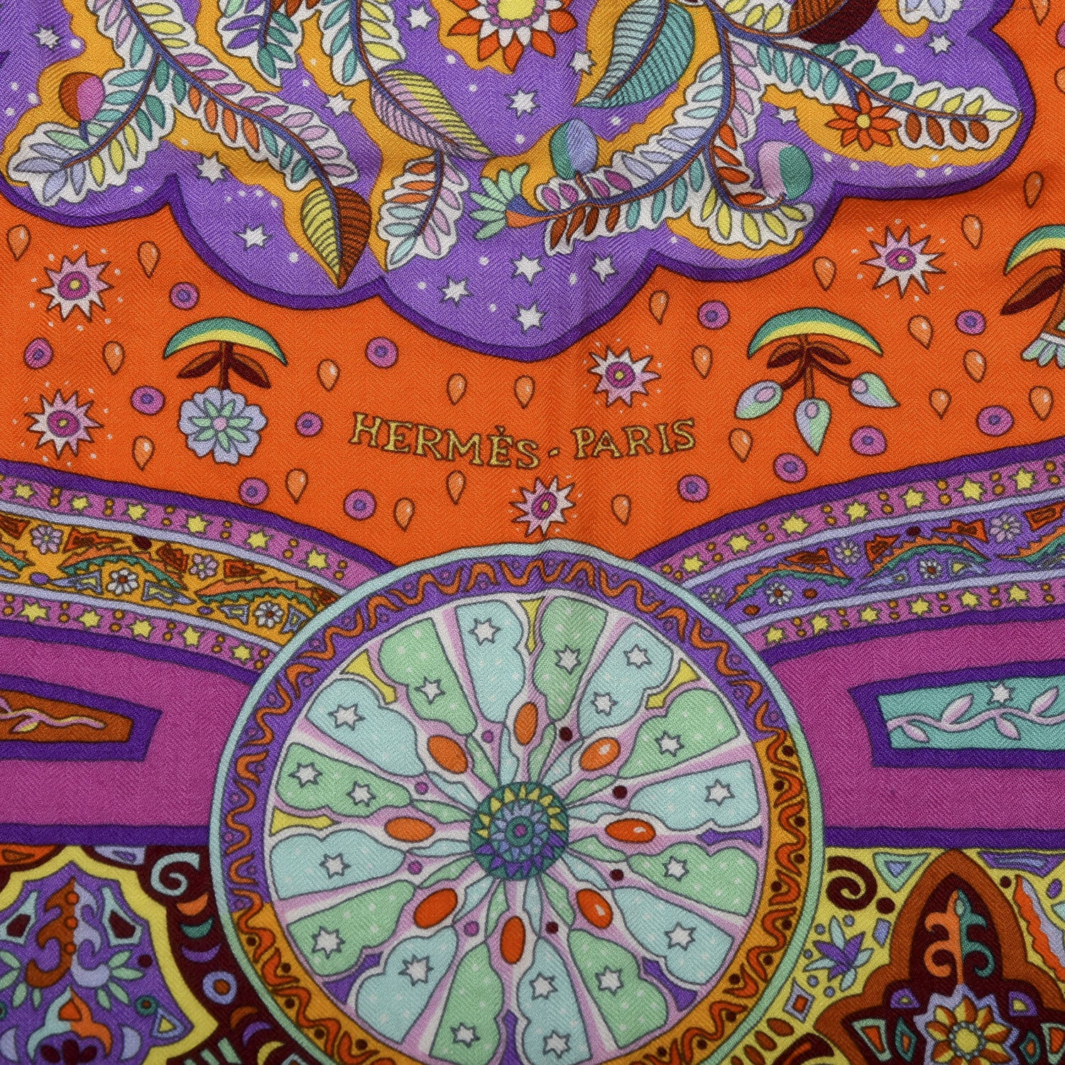 Hermes Cashmere Silk Aux Portes Du Palais Shawl 140 Violet Orange Vert 2 of 4