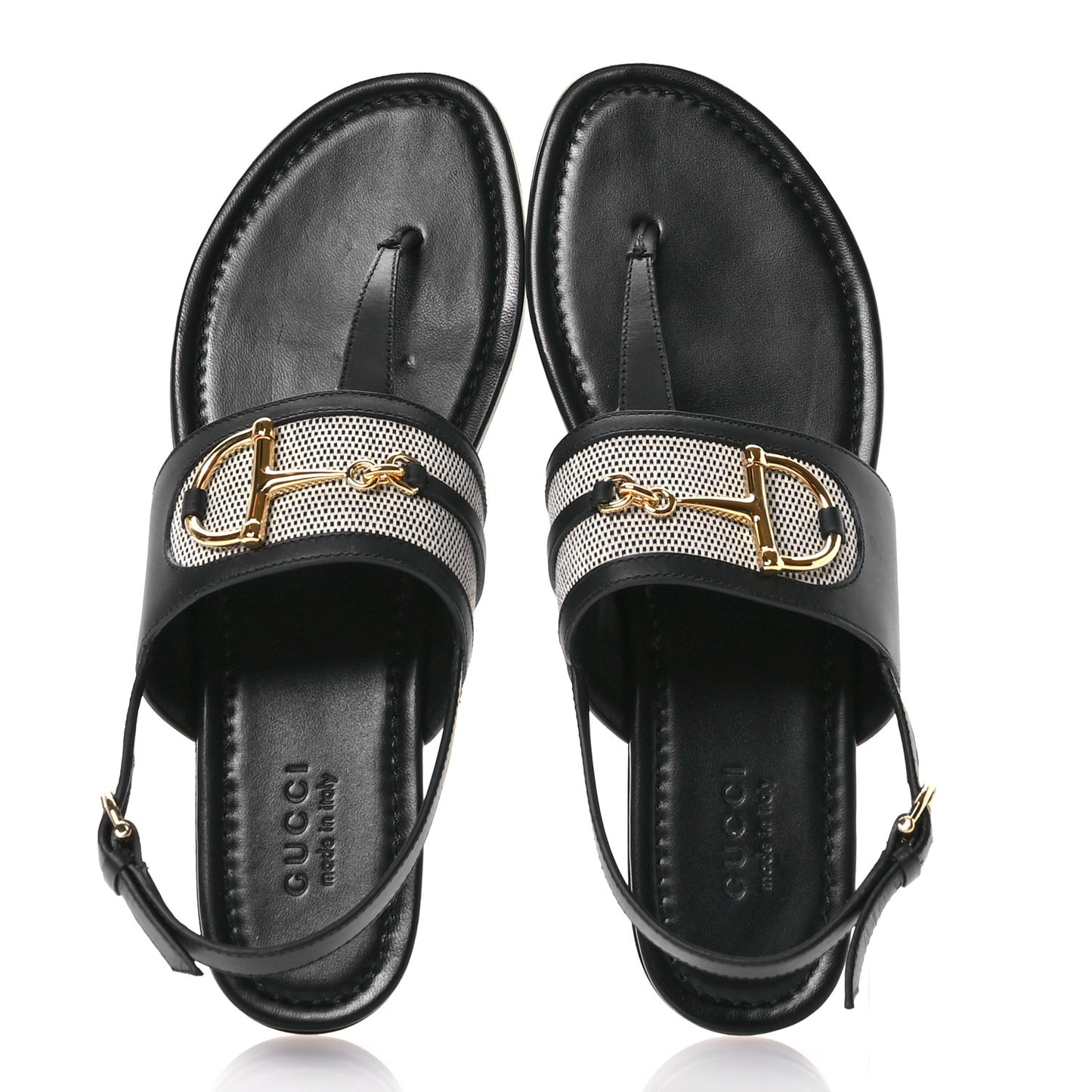 Calfskin Canvas Horsebit Thong Sandals 41 Black