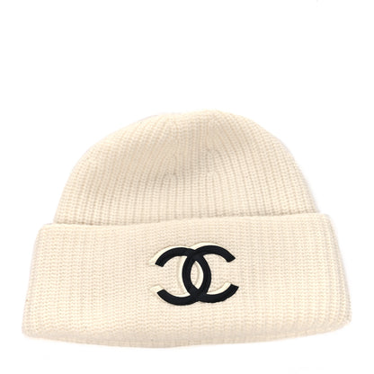 Chanel Wool Cashmere CC Beanie Hat White Black 2 of 7