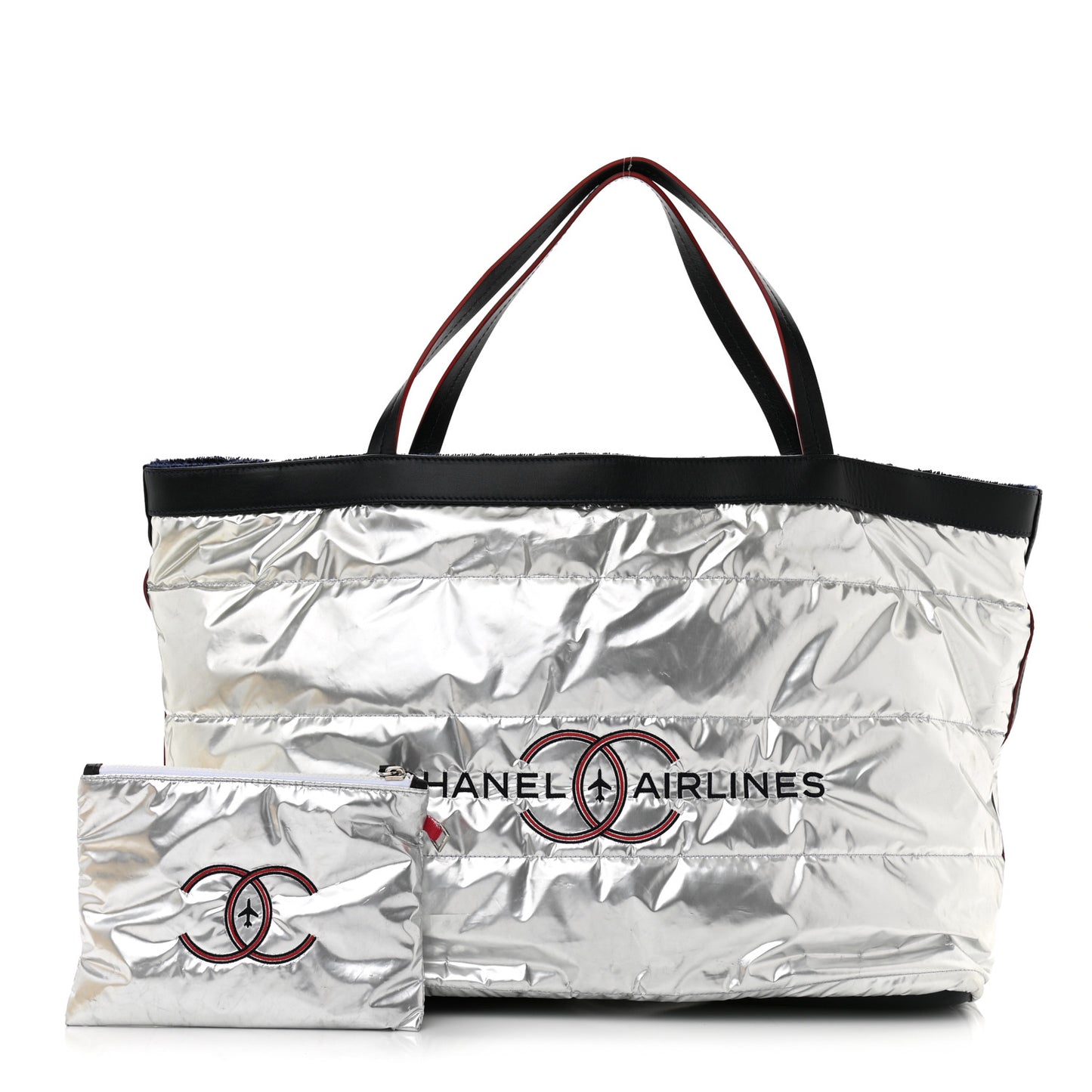 Nylon Terry Cloth Reversible Chanel Airlines Tote Silver Navy