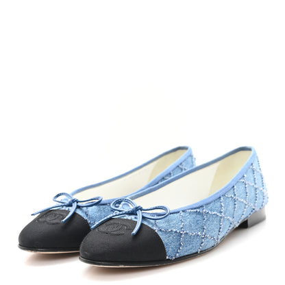 Chanel Denim Embroidered Grosgrain CC Cap Toe Ballerina Flats 37.5 Blue Black 4 of 10