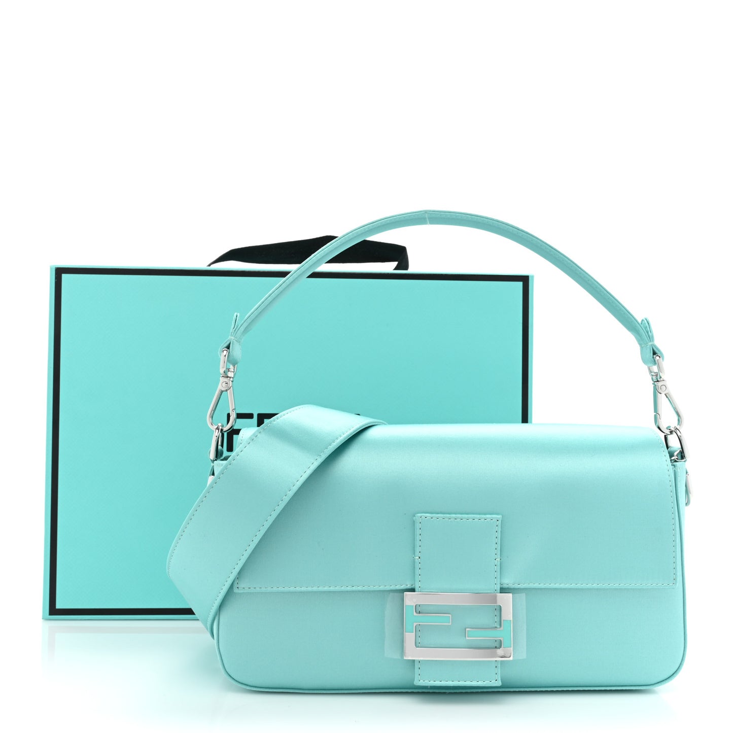 X TIFFANY Satin Nappa Silver Baguette Blue Tiffany Silver