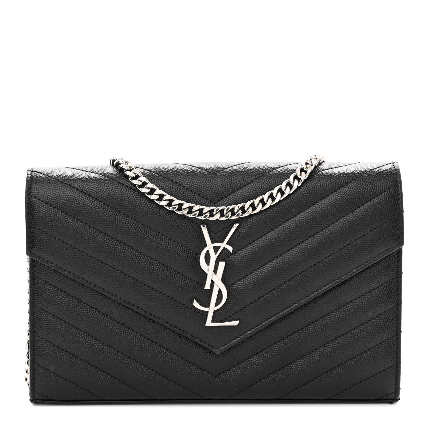 Saint Laurent Grain De Poudre Matelasse Chevron Monogram Chain Wallet Black 1 of 14