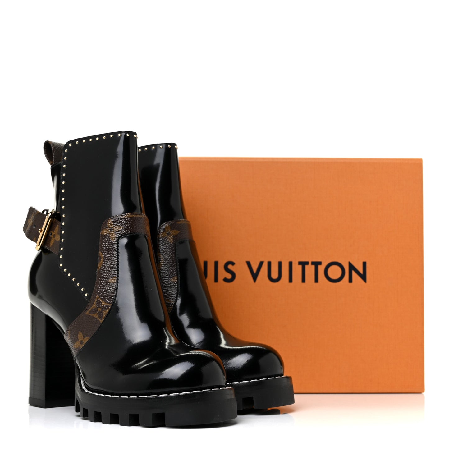Glazed Calfskin Monogram Star Trail Ankle Boots 35 Black