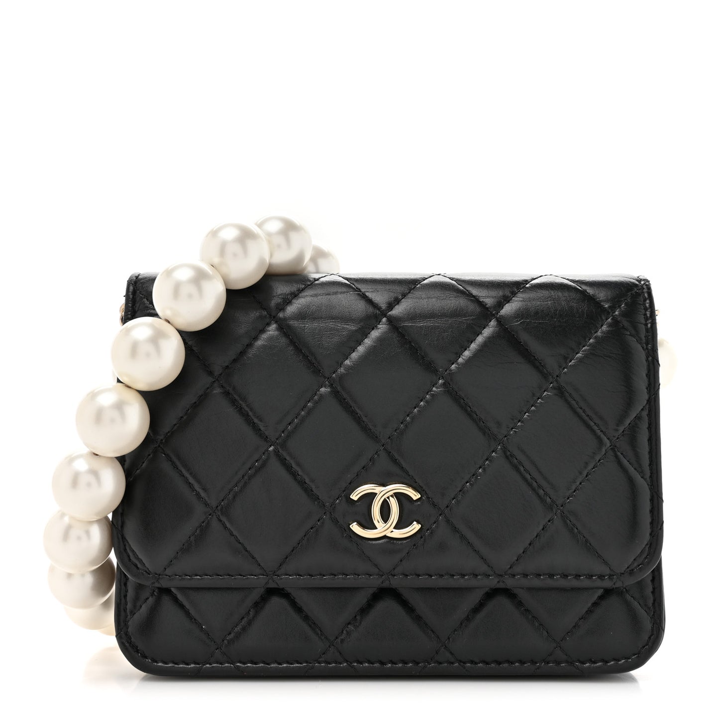 Calfskin Quilted Mini Maxi Pearls Wallet On Chain WOC Black