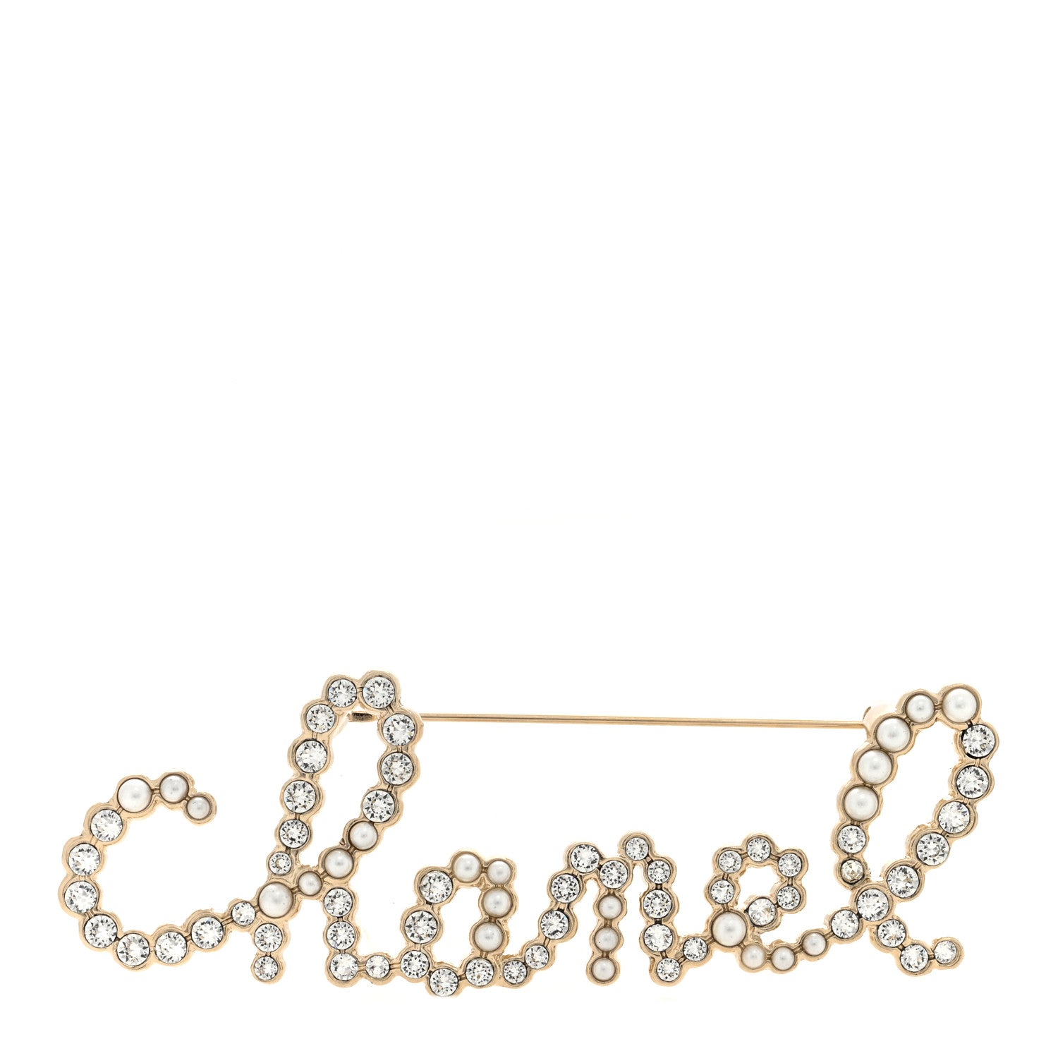 Chanel Crystal Pearl Logo Brooch Gold 1 of 4
