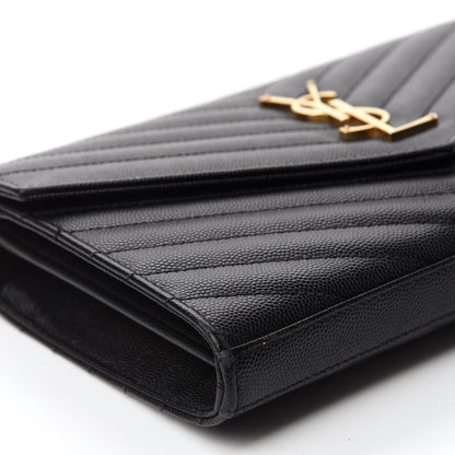 Saint Laurent Grain De Poudre Matelasse Chevron Monogram Chain Wallet Black 6 of 13