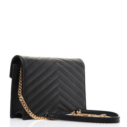 Saint Laurent Grain De Poudre Matelasse Chevron Monogram Envelope Chain Wallet Black 3 of 17