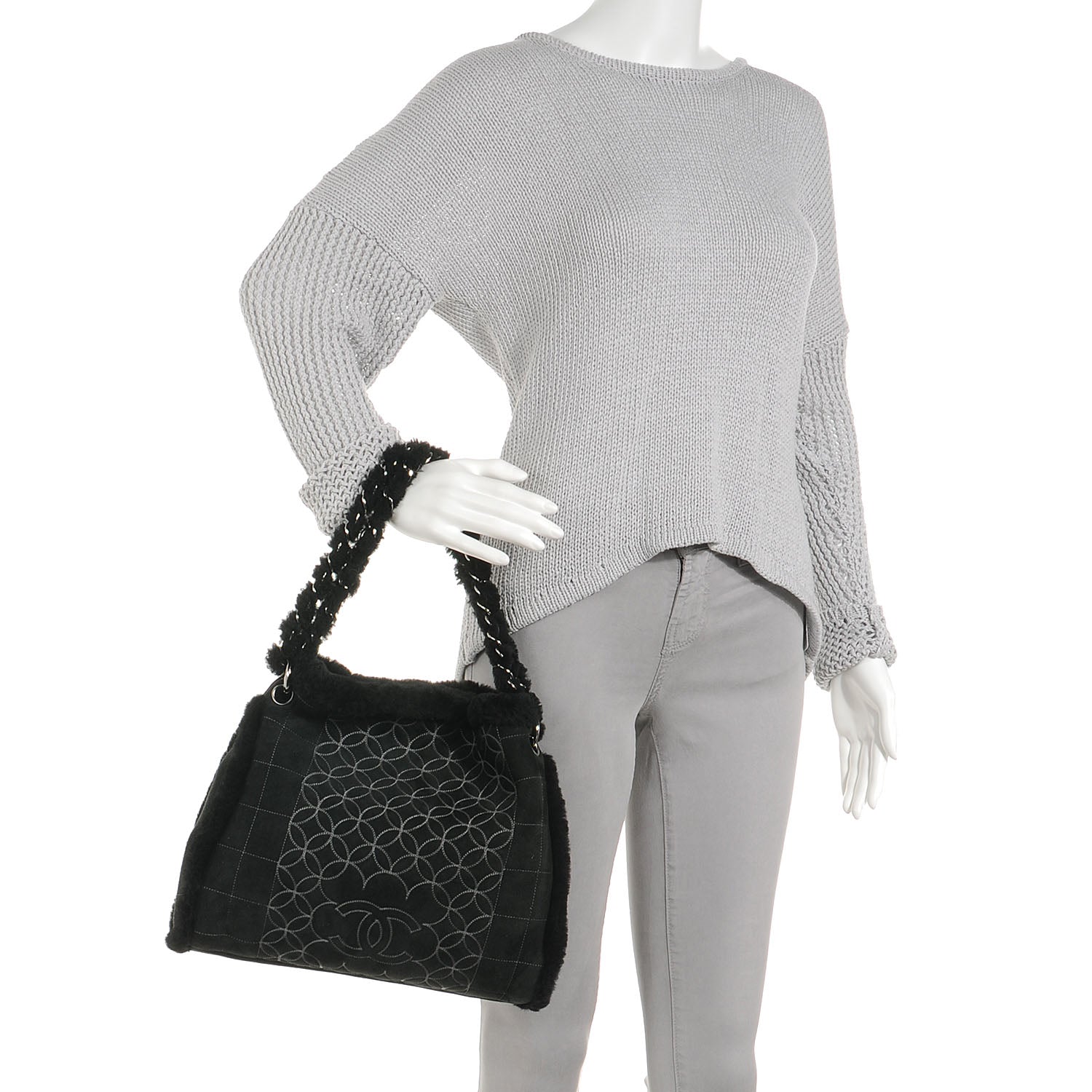 Chanel Suede Sherpa Shoulder Bag w Cosmetic Pouch Black 2 of 8