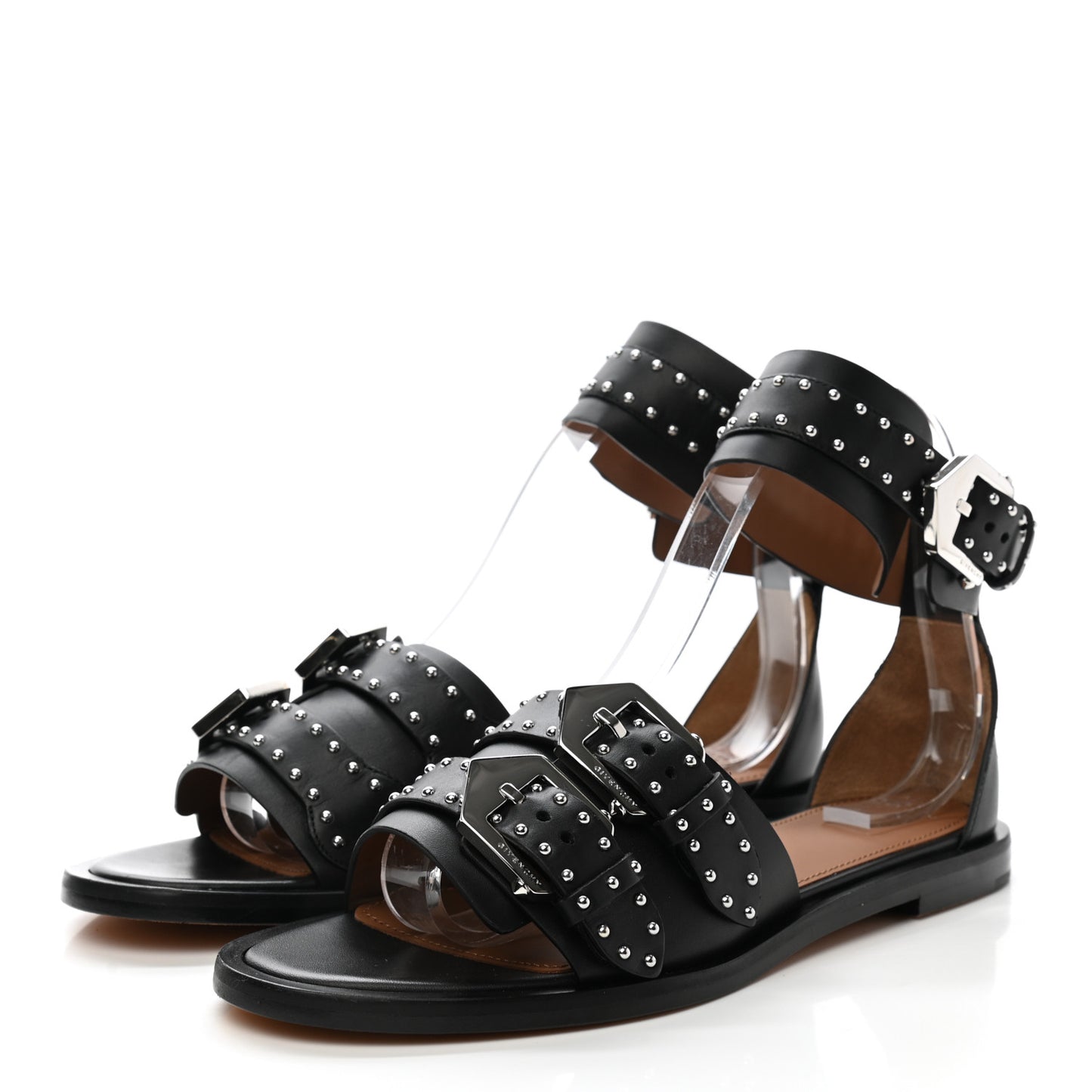 Calfskin Studded Elegant Flat Sandals 37 Black