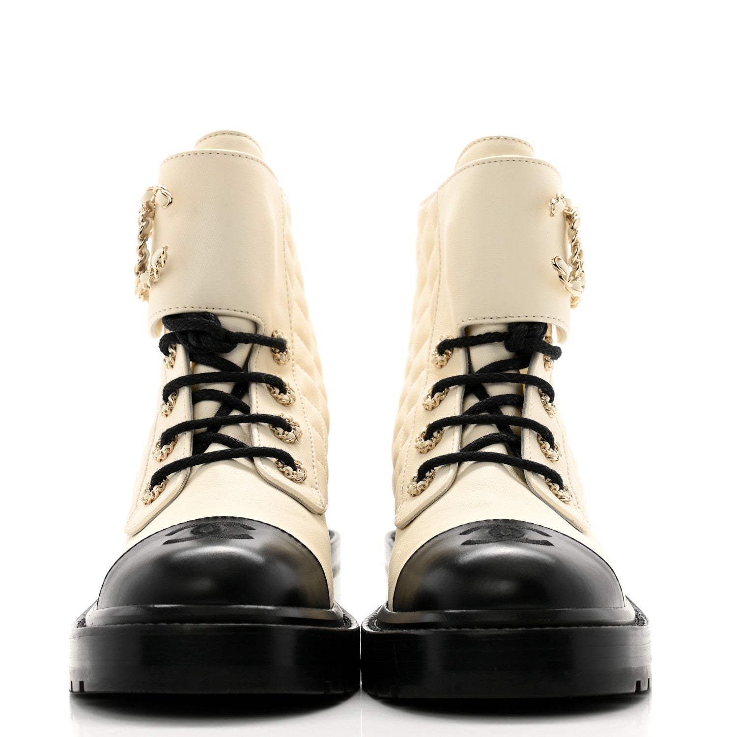 Chanel Shiny Goatskin Calfskin Quilted Lace Up Combat Boots 37 Black White 2 of 9