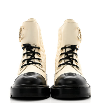 Chanel Shiny Goatskin Calfskin Quilted Lace Up Combat Boots 37 Black White 2 of 9