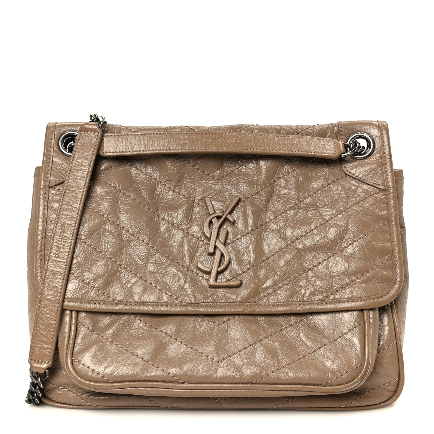 Crinkled Calfskin Matelasse Monogram Medium Niki Chain Satchel Light Taupe