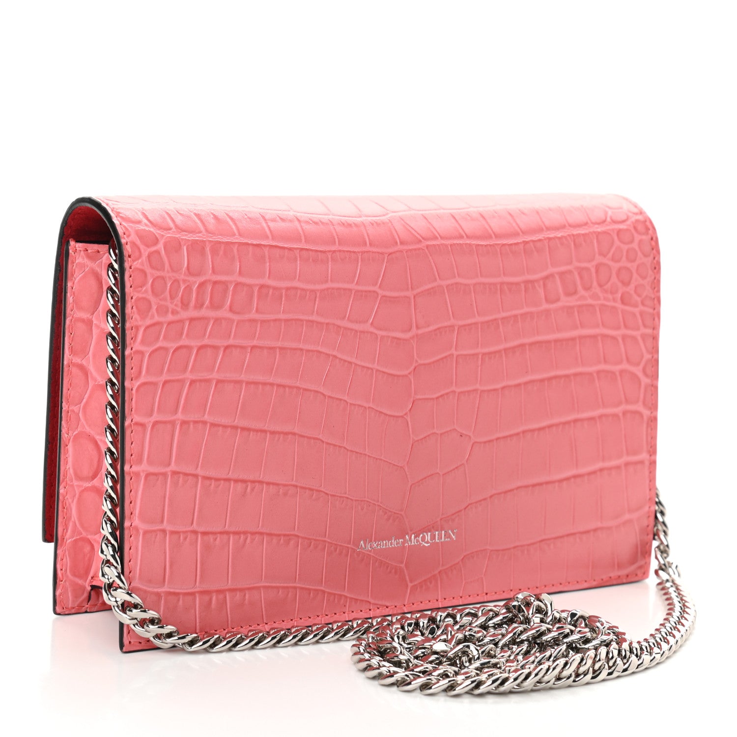 Alexander McQueen Calfskin Crocodile Embossed Skull Mini Crossbody Bag Pink 2 of 8