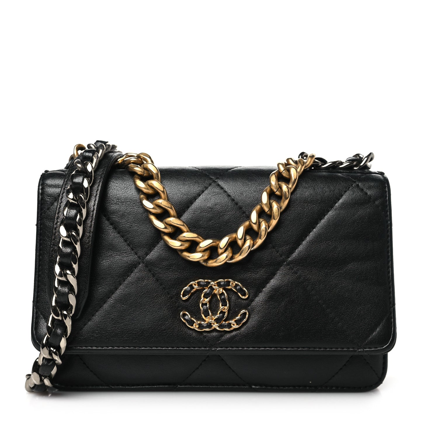 Goatskin Quilted Chanel 19 Wallet On Chain WOC Black