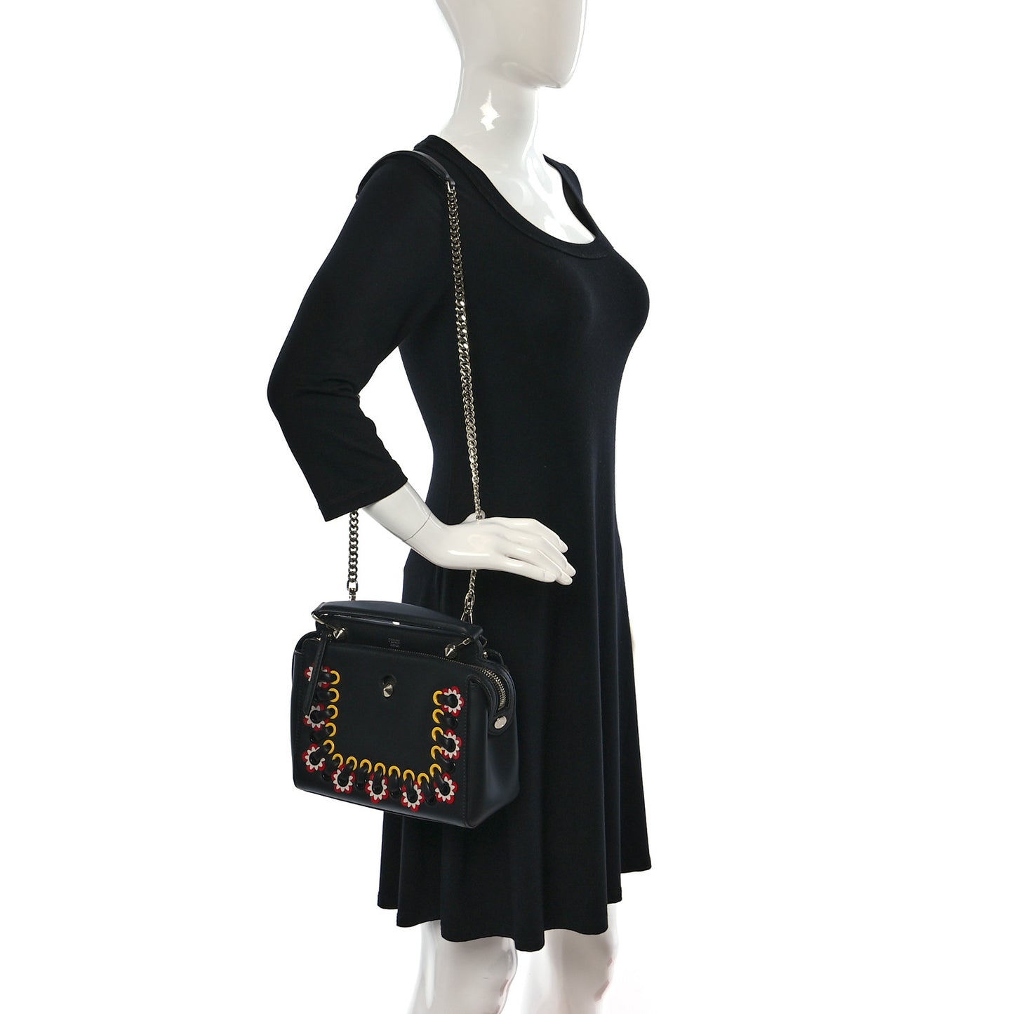 Vitello Baltico Shiny Nappa Lace Up Floral Small Dotcom Click Chain Satchel Black