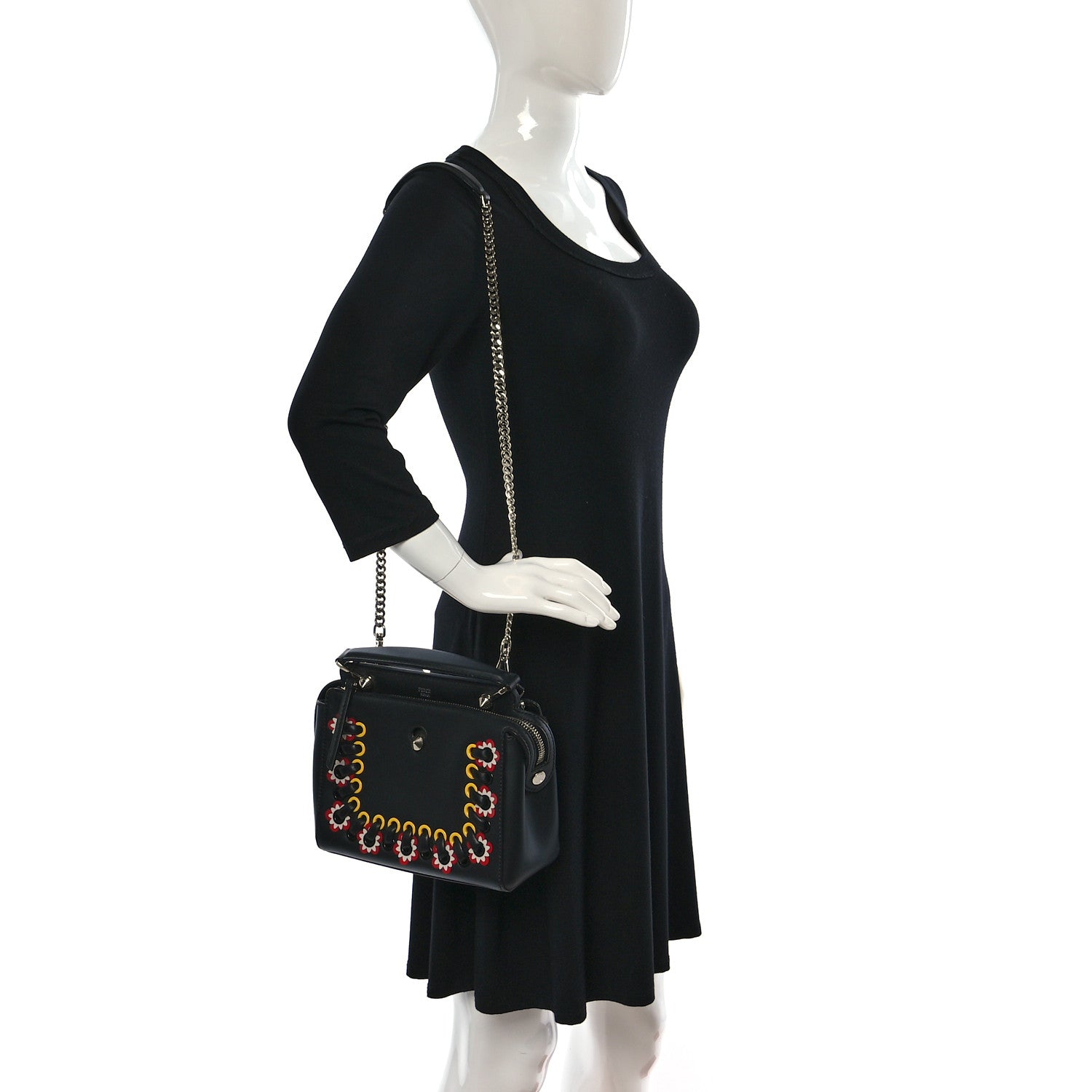 Fendi Vitello Baltico Shiny Nappa Lace Up Floral Small Dotcom Click Chain Satchel Black 2 of 11