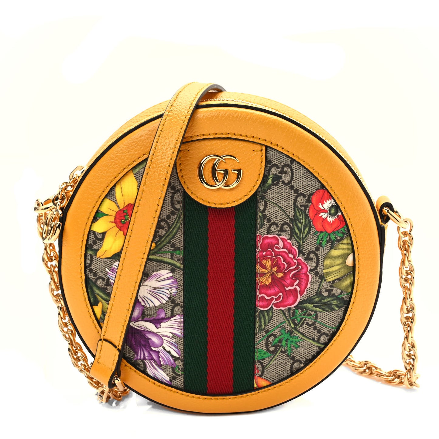 GG Supreme Monogram Flora Web Mini Ophidia Round Shoulder Bag Beige Multicolor Crop