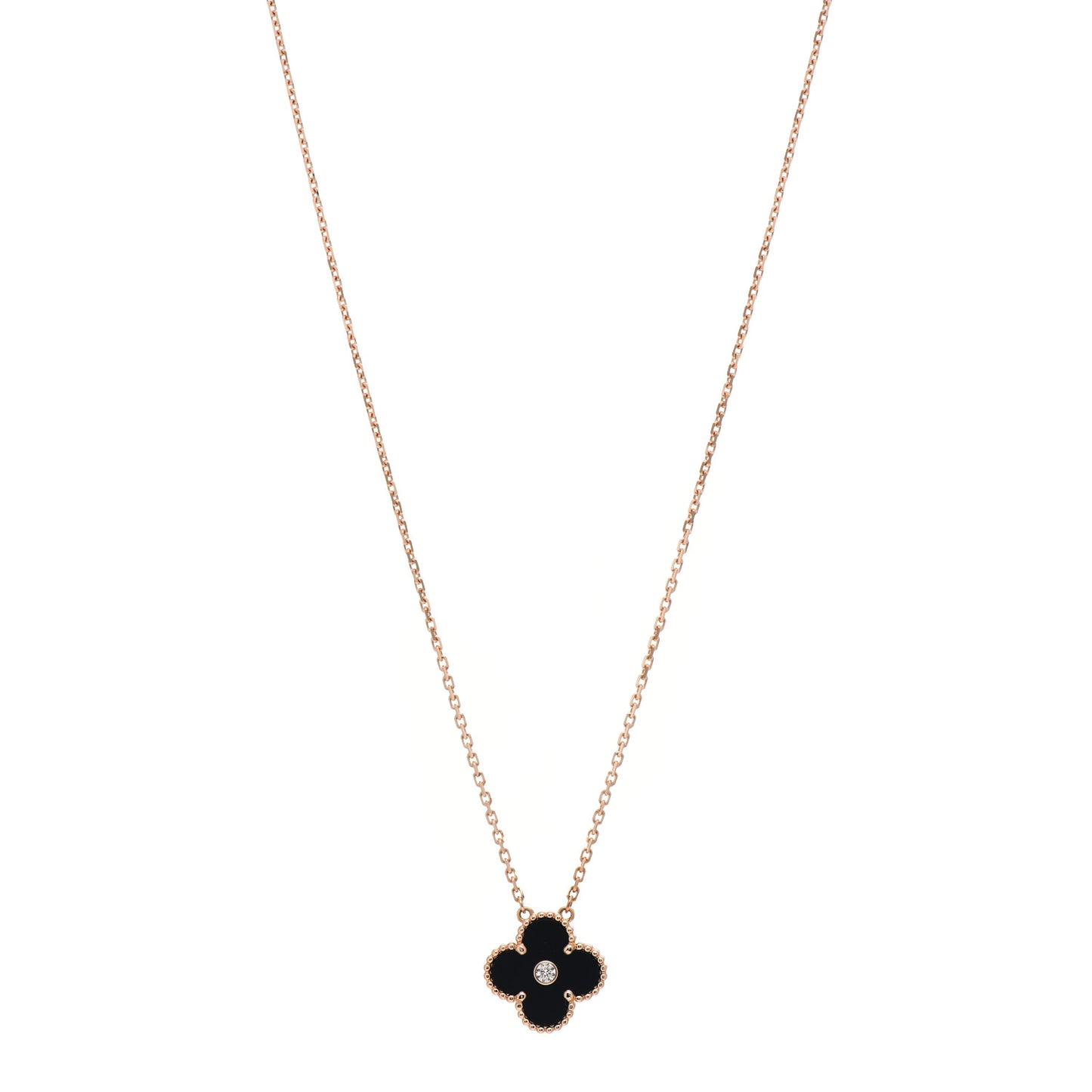 18K Rose Gold Diamond Black Onyx Vintage Alhambra Pendant Necklace