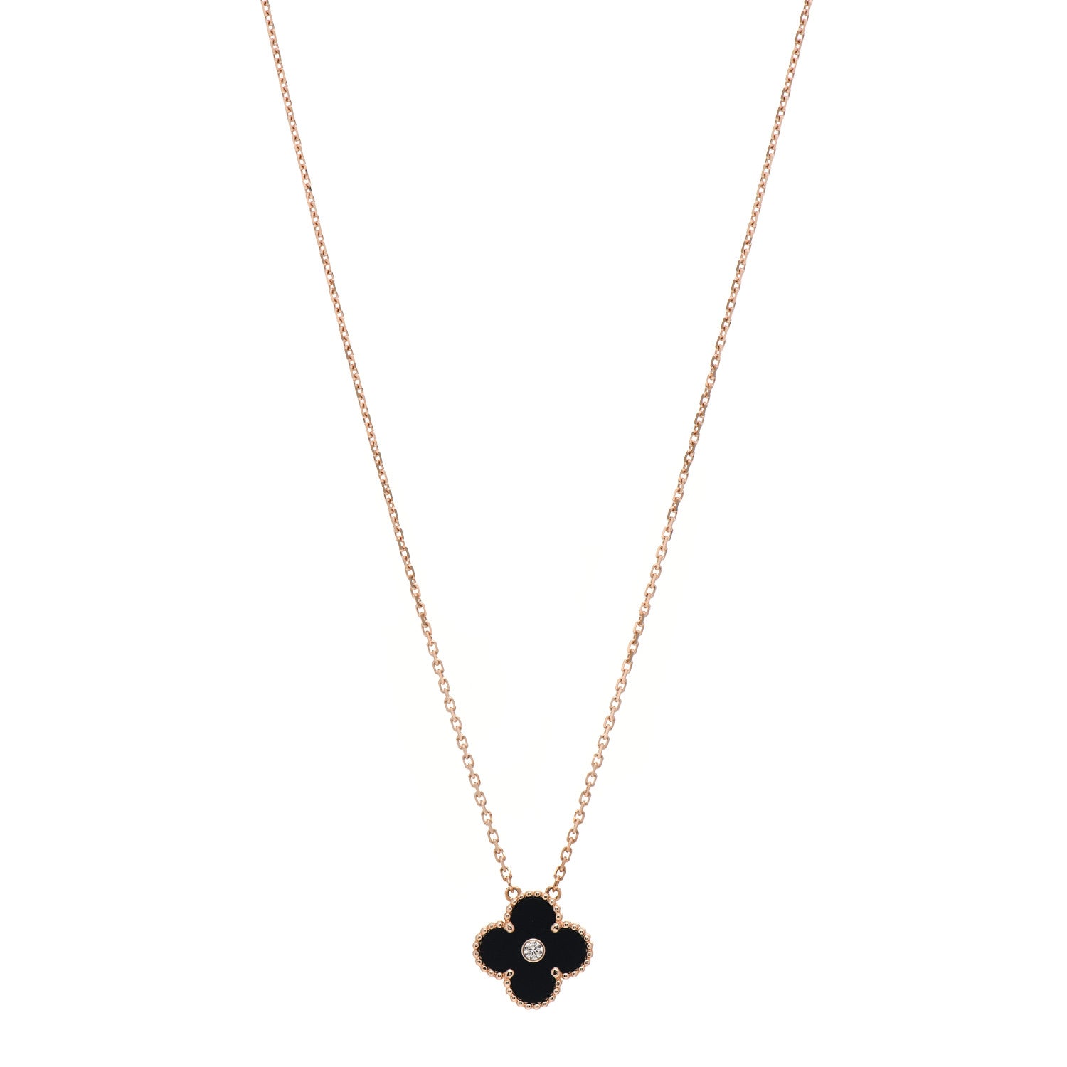 Van Cleef & Arpels 18K Rose Gold Diamond Black Onyx Vintage Alhambra Pendant Necklace 1 of 7