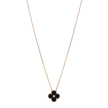 Van Cleef & Arpels 18K Rose Gold Diamond Black Onyx Vintage Alhambra Pendant Necklace 1 of 7