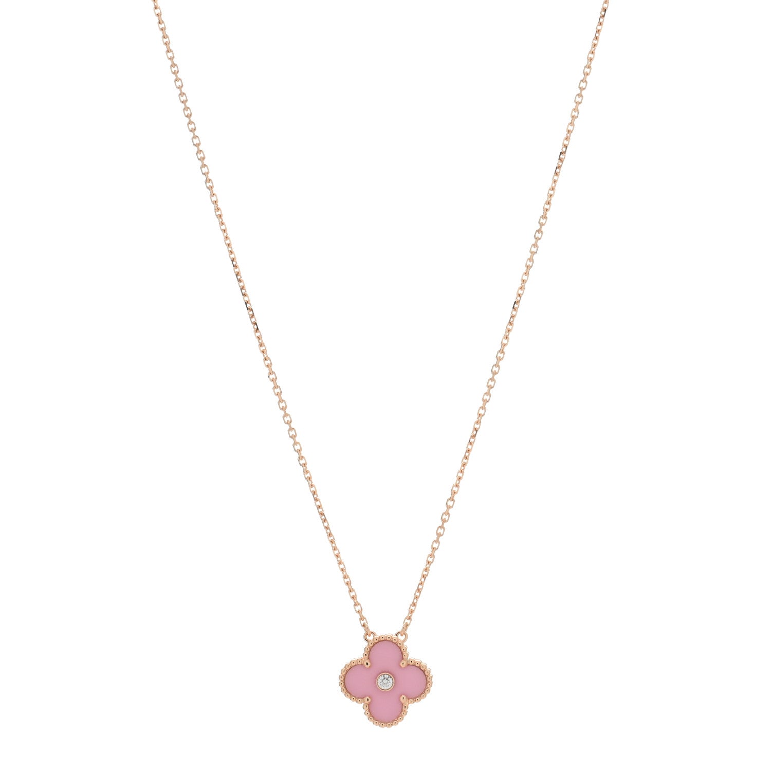 Van Cleef & Arpels 18K Rose Gold Diamond Pink Porcelain Vintage Alhambra Pendant Necklace 1 of 4