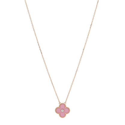 Van Cleef & Arpels 18K Rose Gold Diamond Pink Porcelain Vintage Alhambra Pendant Necklace 1 of 4