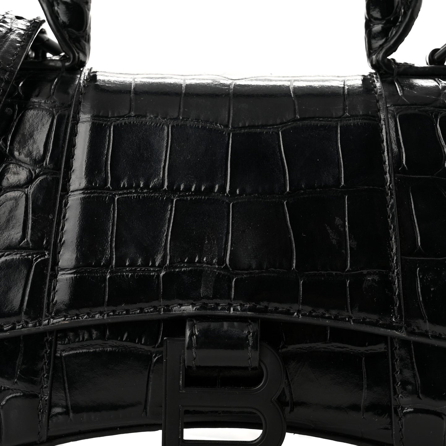 Shiny Calfskin Monochrome Crocodile Embossed Hourglass Top Handle Bag XS Black