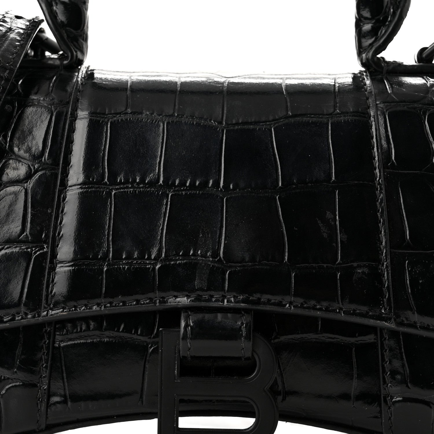 Balenciaga Shiny Calfskin Monochrome Crocodile Embossed Hourglass Top Handle Bag XS Black 9 of 11
