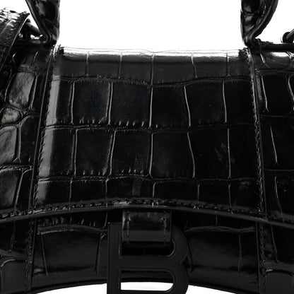 Balenciaga Shiny Calfskin Monochrome Crocodile Embossed Hourglass Top Handle Bag XS Black 9 of 11