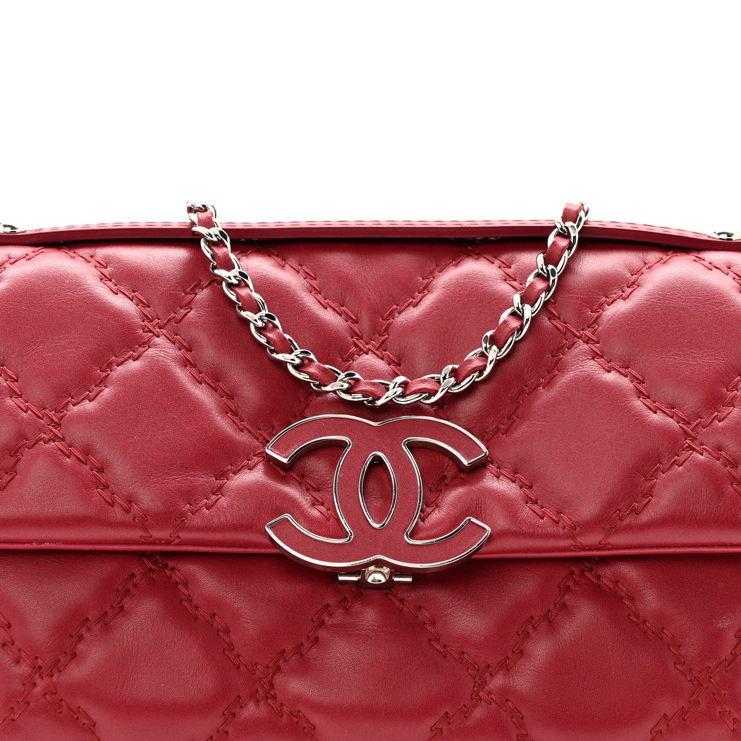 Chanel Calfskin Quilted Double Stitch Hamptons Clutch with Chain Red Red 8 of 14