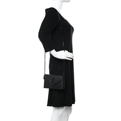 Saint Laurent Grain De Poudre Matelasse Chevron Monogram Monochrome Envelope Chain Wallet Black 2 of 9