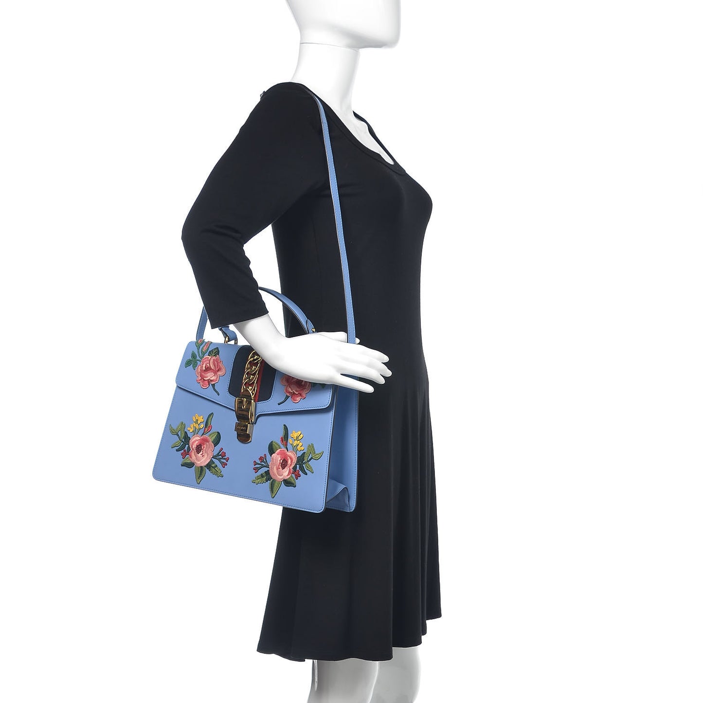 Calfskin Embroidered Medium Sylvie Top Handle Bag Clear Sky Blue