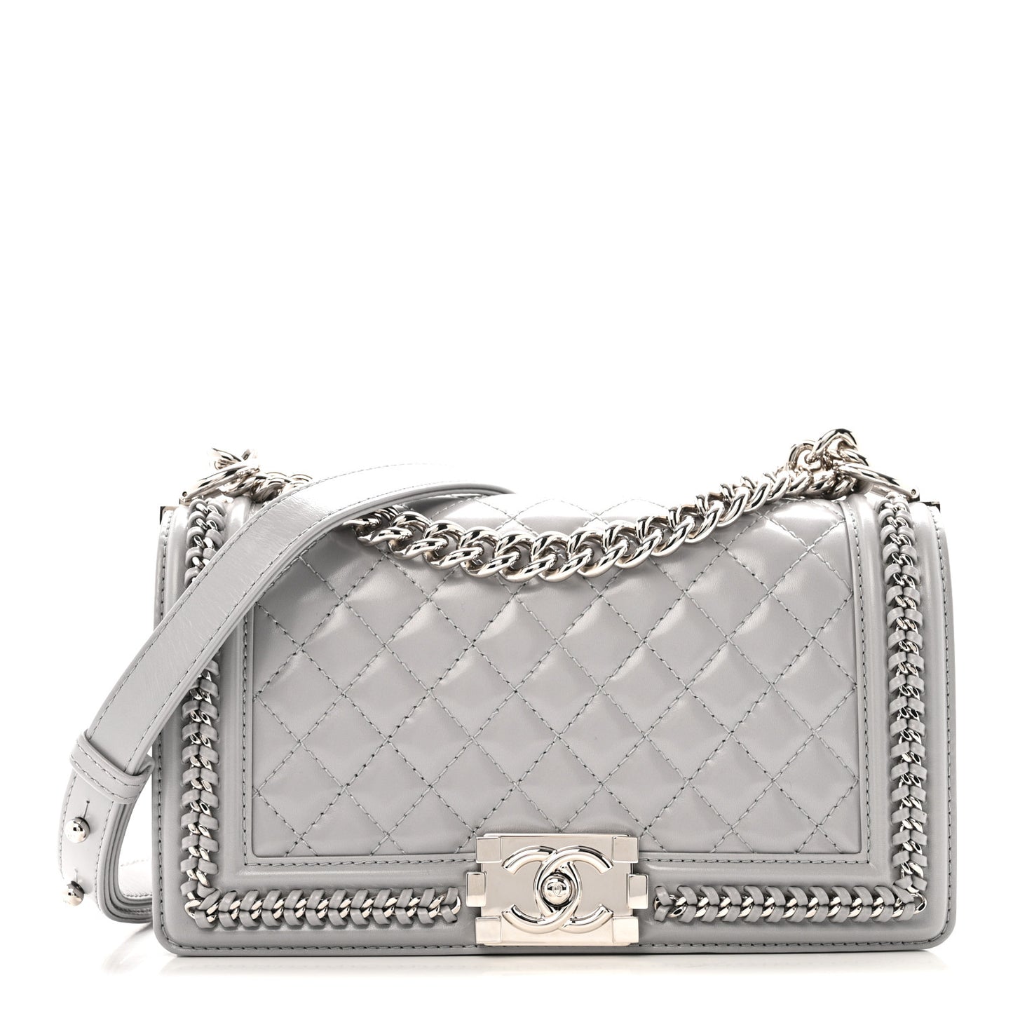 Iridescent Lambskin Quilted Medium Chain Around Boy Flap Light Grey