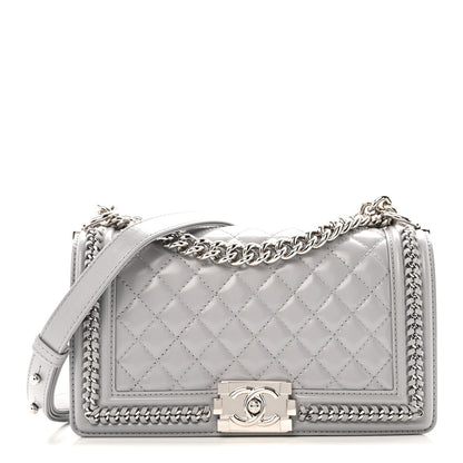 Chanel Iridescent Lambskin Quilted Medium Chain Around Boy Flap Light Grey 1 of 12