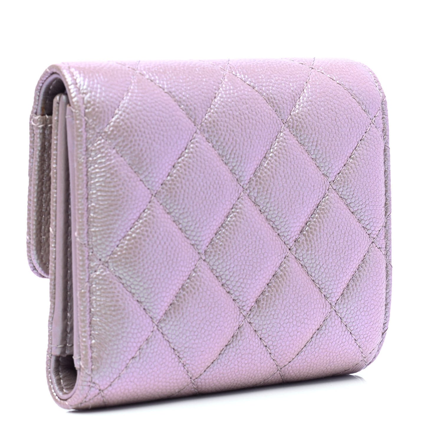Iridescent Caviar Quilted Small Flap Wallet Beige