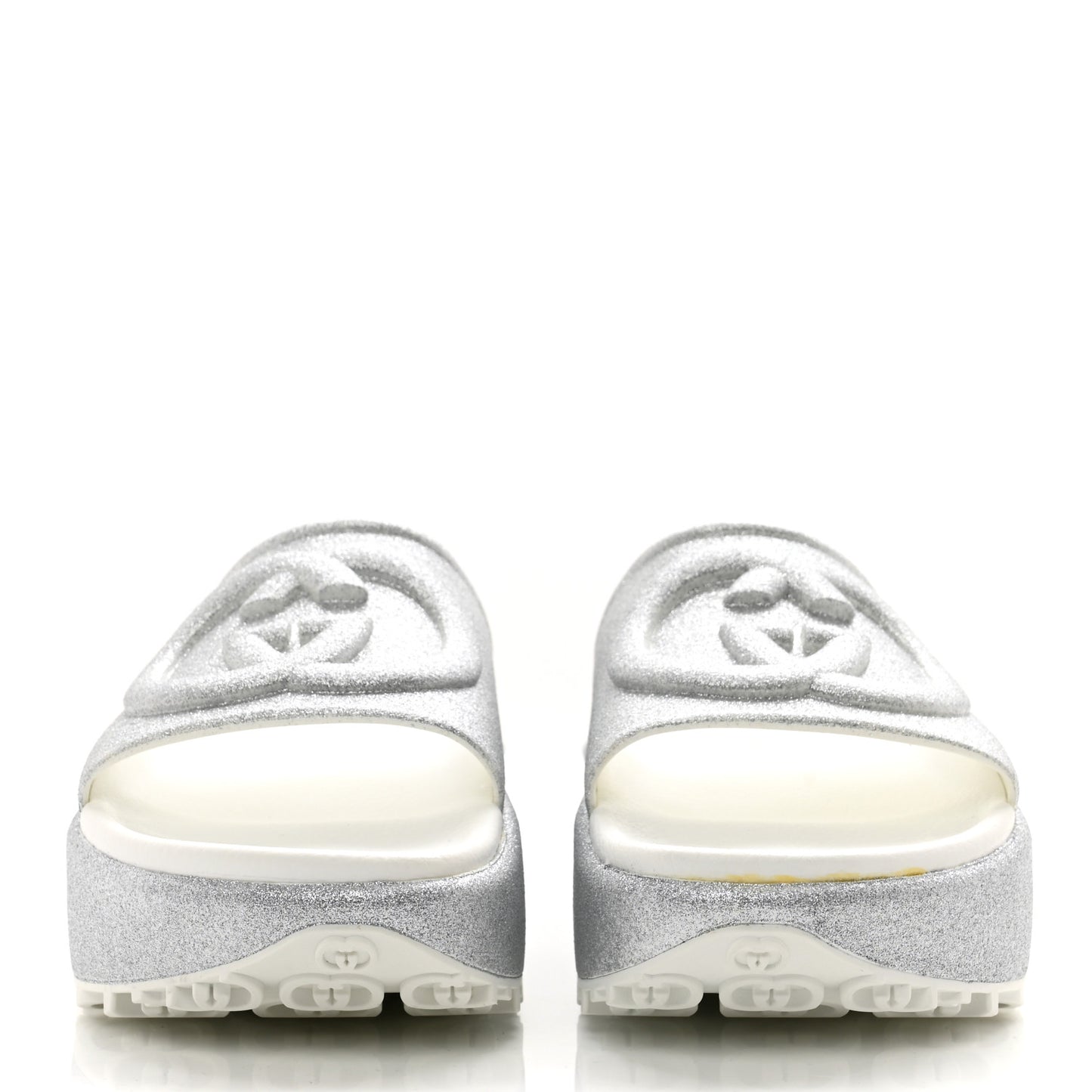 Glitter Rubber Womens Interlocking G Platform 42mm Slide Sandals 38 Silver