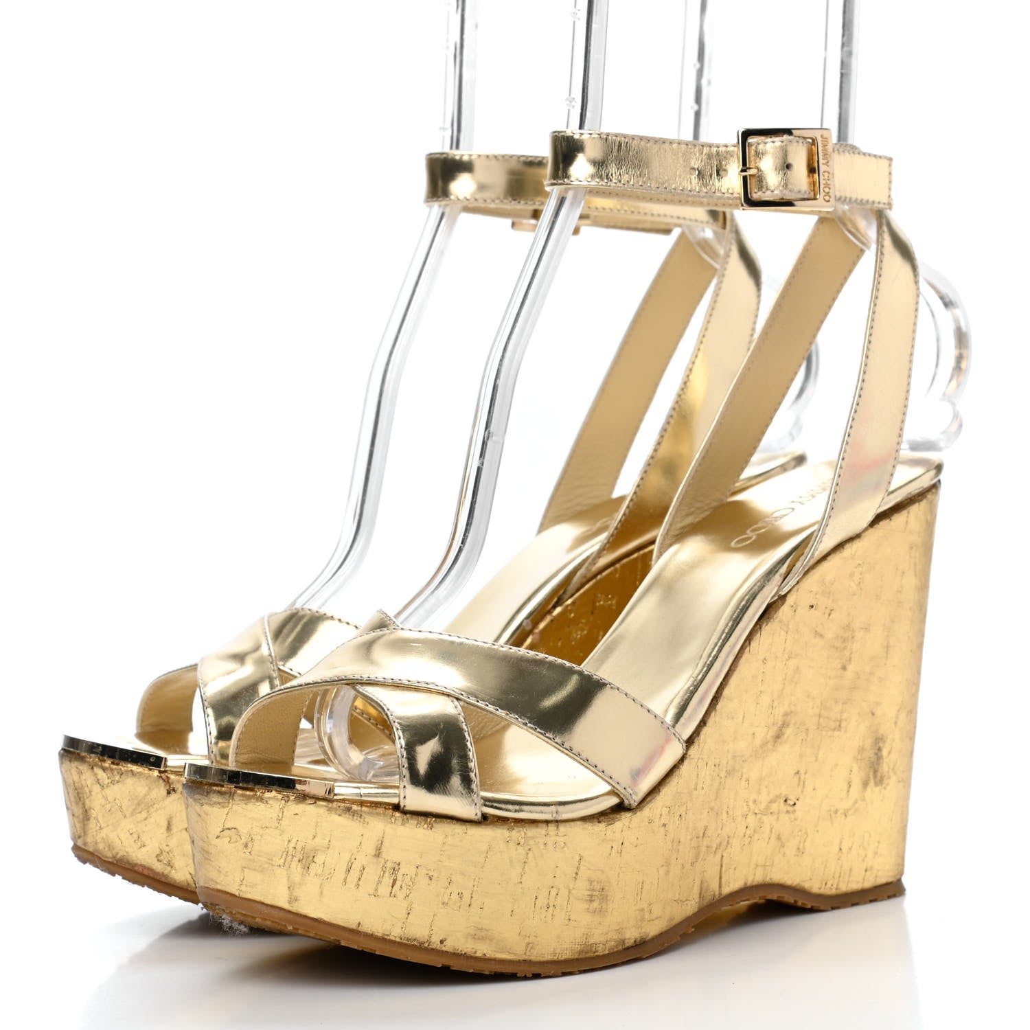 Jimmy Choo Metallic Calfskin Cork Papyrus Wedge Sandal 38 Gold 3 of 16