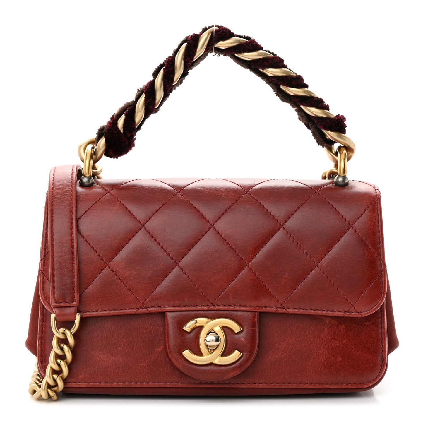 Iridescent Calfskin Quilted Mini Straight Lined Flap Red