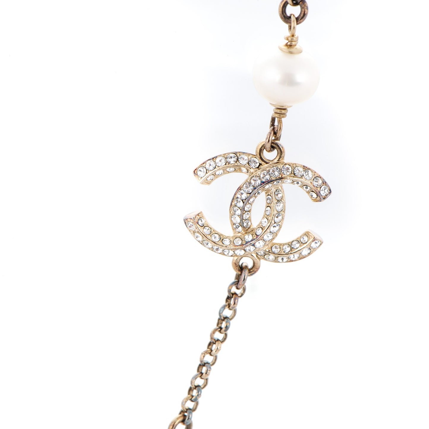 Crystal Pearl CC Bow Long Necklace Light Gold