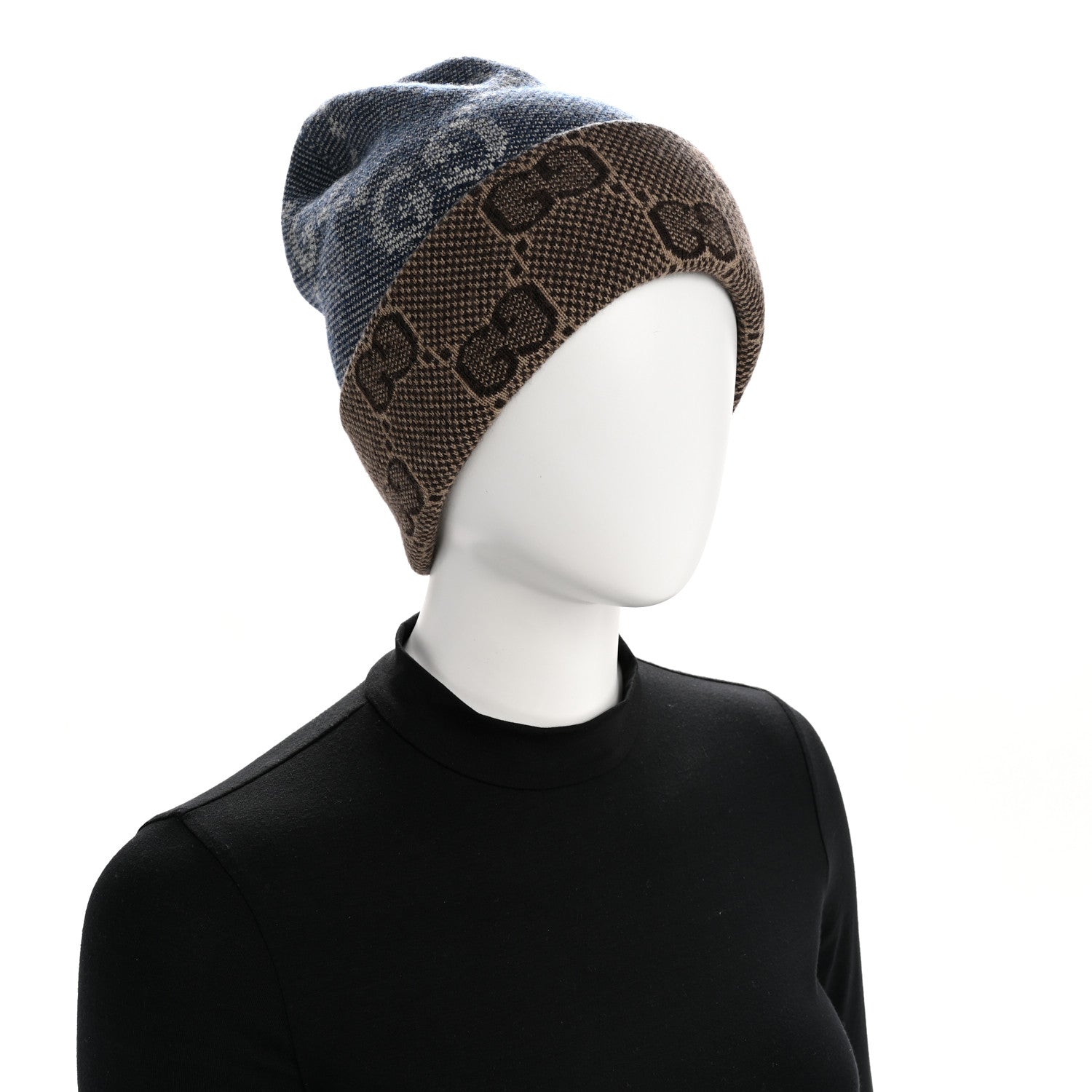 Gucci Wool Monogram Doubly G Beanie Hat S Blue Brown 1827451