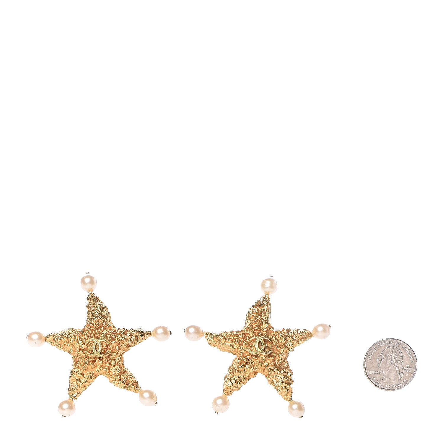 Chanel Pearl CC Hammered Star Clip On Earrings Gold 2 of 4
