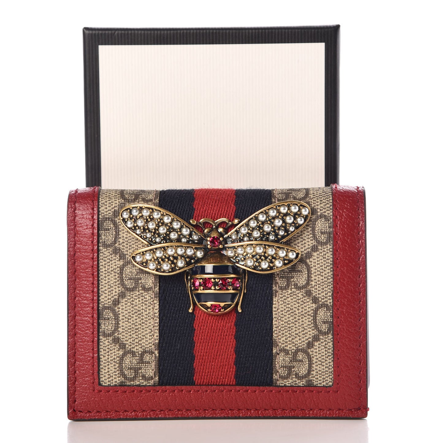 GG Supreme Monogram Queen Margaret Card Case Red