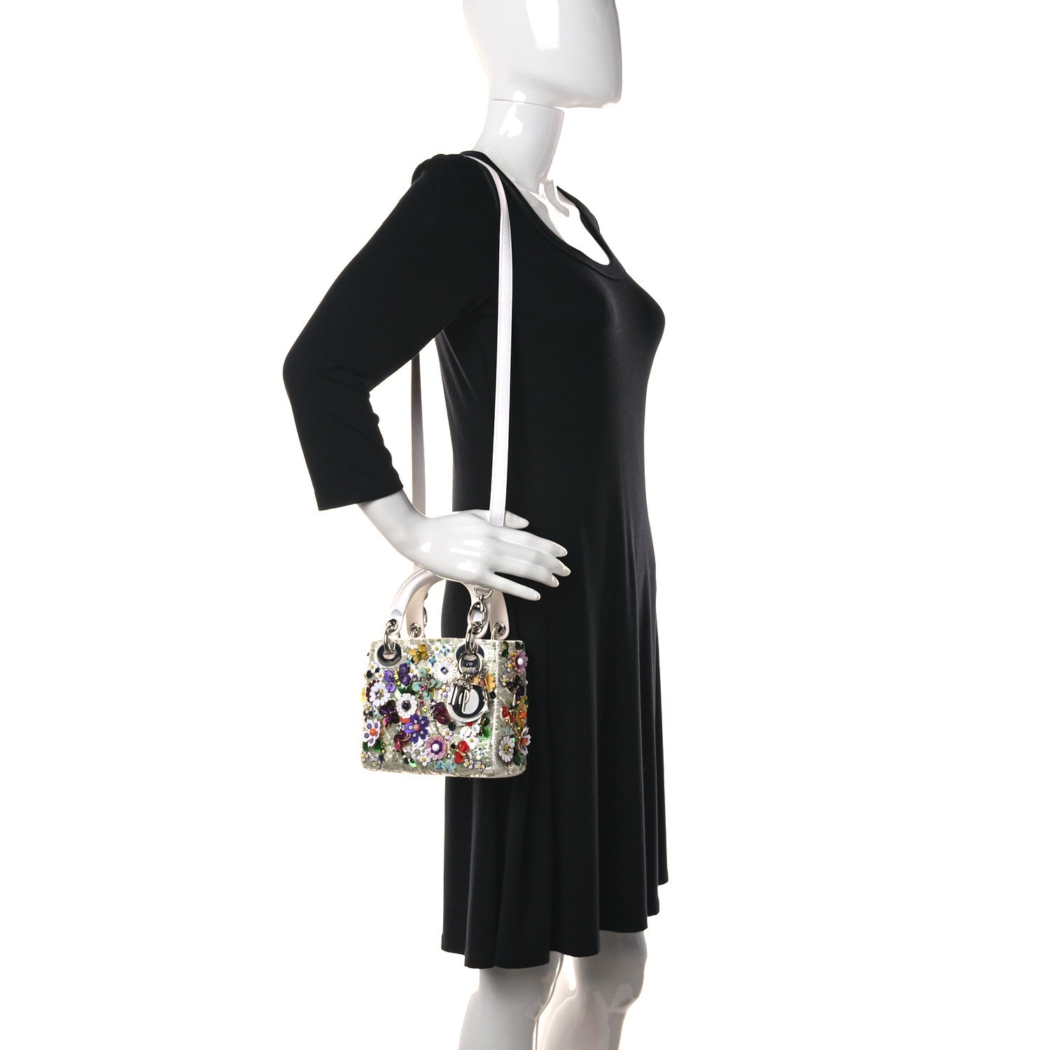 Christian Dior Satin Beaded Floral Embroidered Mini Lady Dior White Multicolor 2 of 9