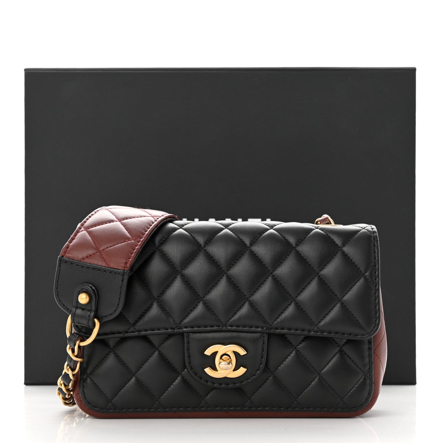 Calfskin Quilted Small Strap Into Flap Bag Black Burgundy