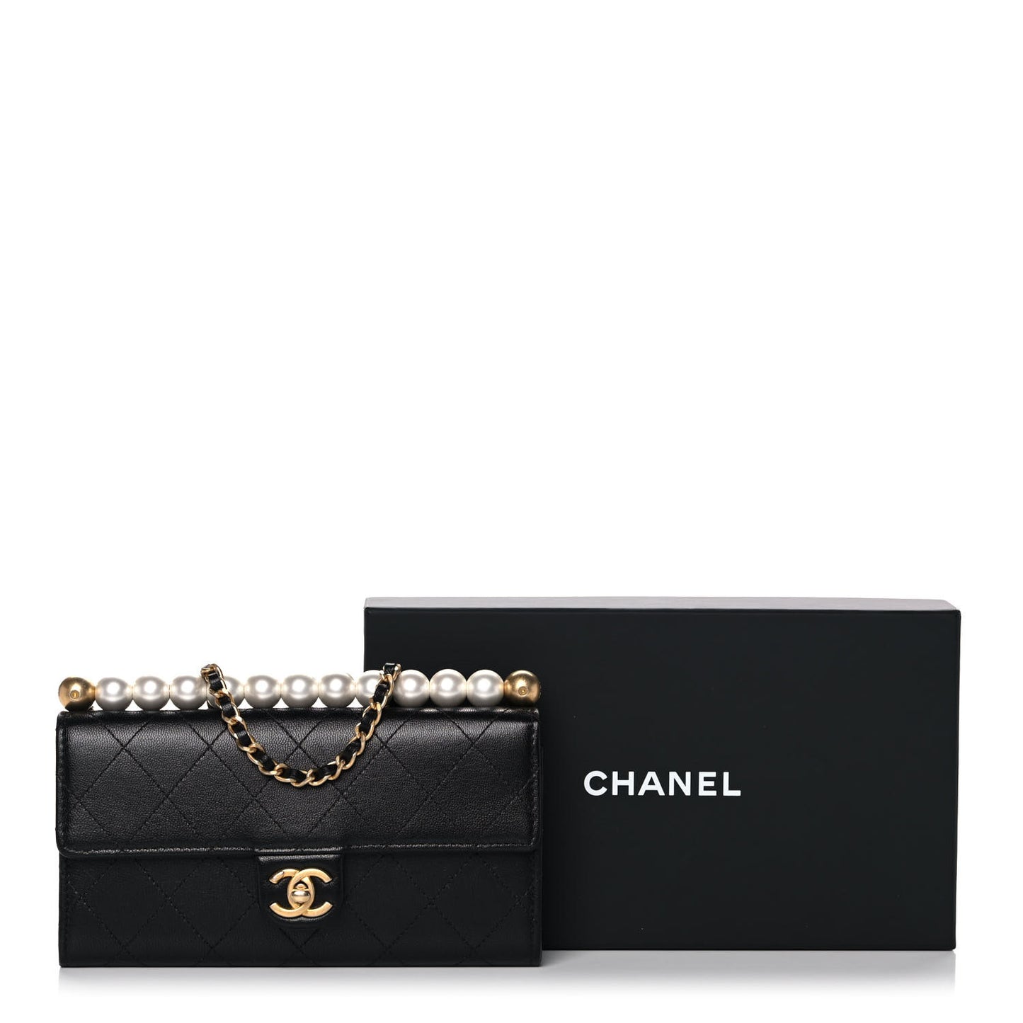 Goatskin Quilted Chic Pearls Clutch With Chain Black