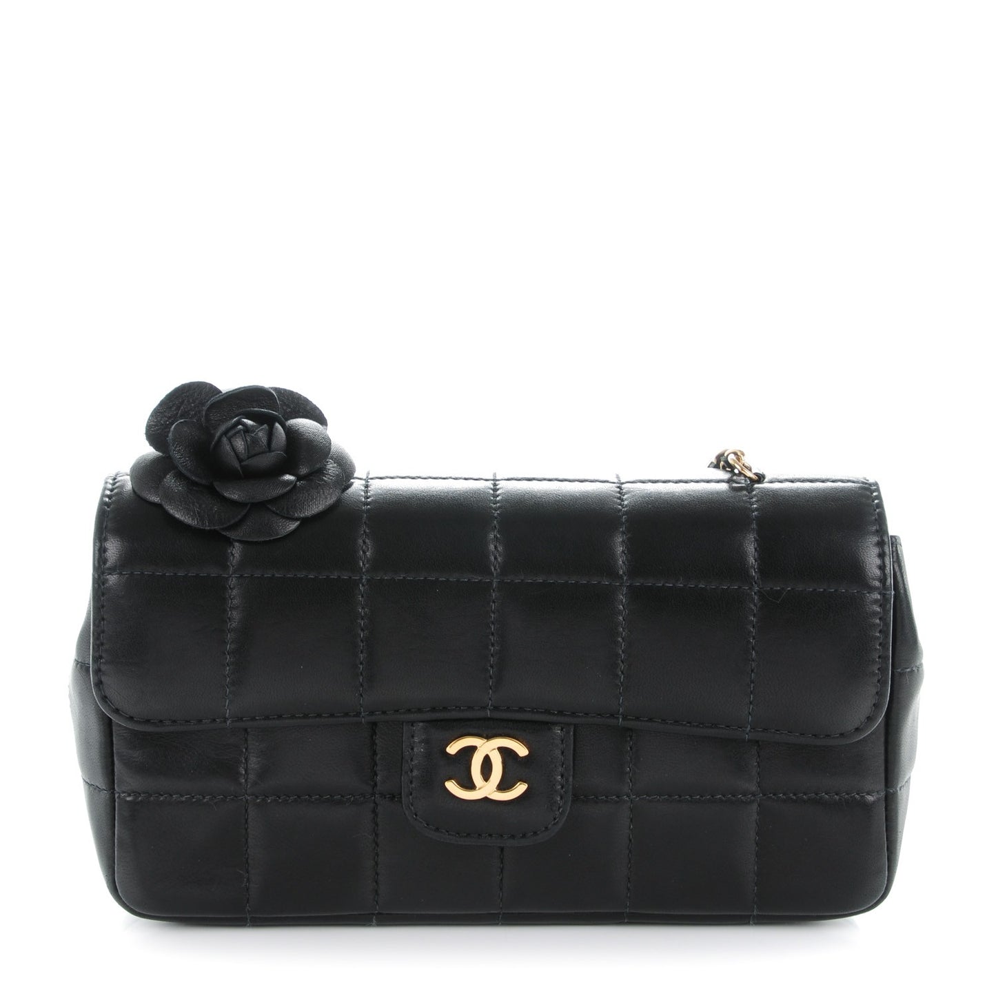 Lambskin Quilted Mini Chocolate Bar Camellia Flap Black