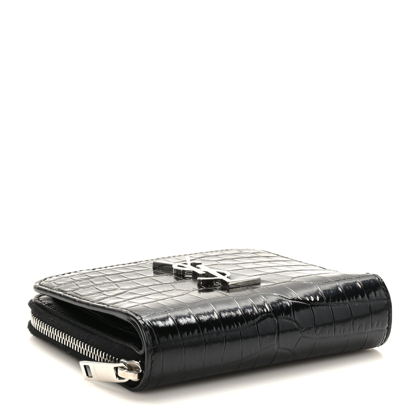 Calfskin Crocodile Embossed Monogram Compact Wallet Black