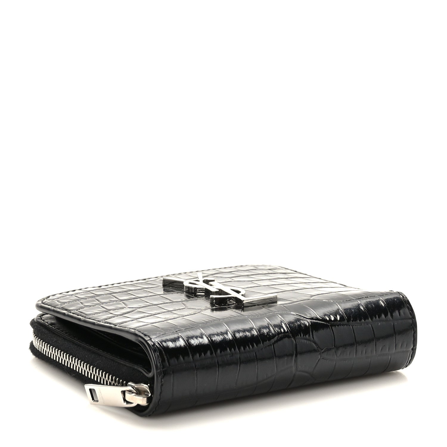 Saint Laurent Calfskin Crocodile Embossed Monogram Compact Wallet Black 4 of 7
