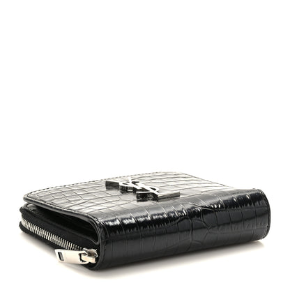 Saint Laurent Calfskin Crocodile Embossed Monogram Compact Wallet Black 4 of 7